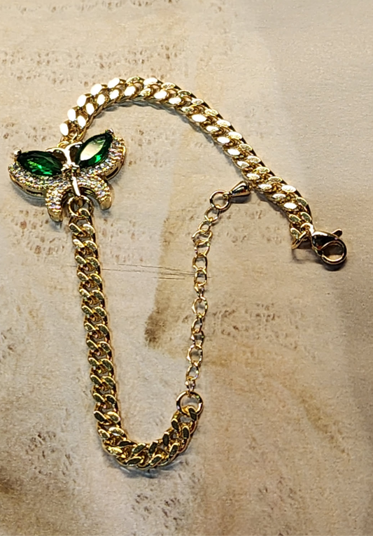 Butterfly bracelet, 18k vac plated,  CZ Green